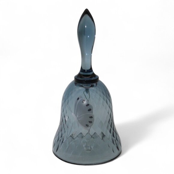 Fenton Blue Glass Diamond Pattern Bell With Hand-Painted Butterfly Design - Picture 1 of 5